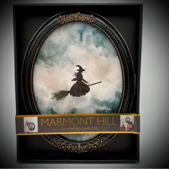Marmont Hill Witch on Broom Framed Art HALLOWEEN Decor Black Gold 11x14